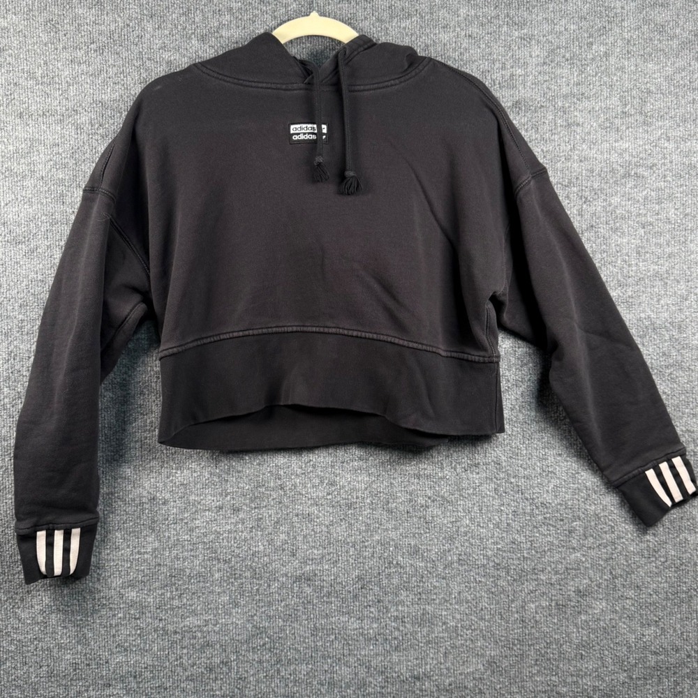 Y2K 90s Adidas Originals Womens Small Cropped Hoodie Black Double Logo Retro Gym
